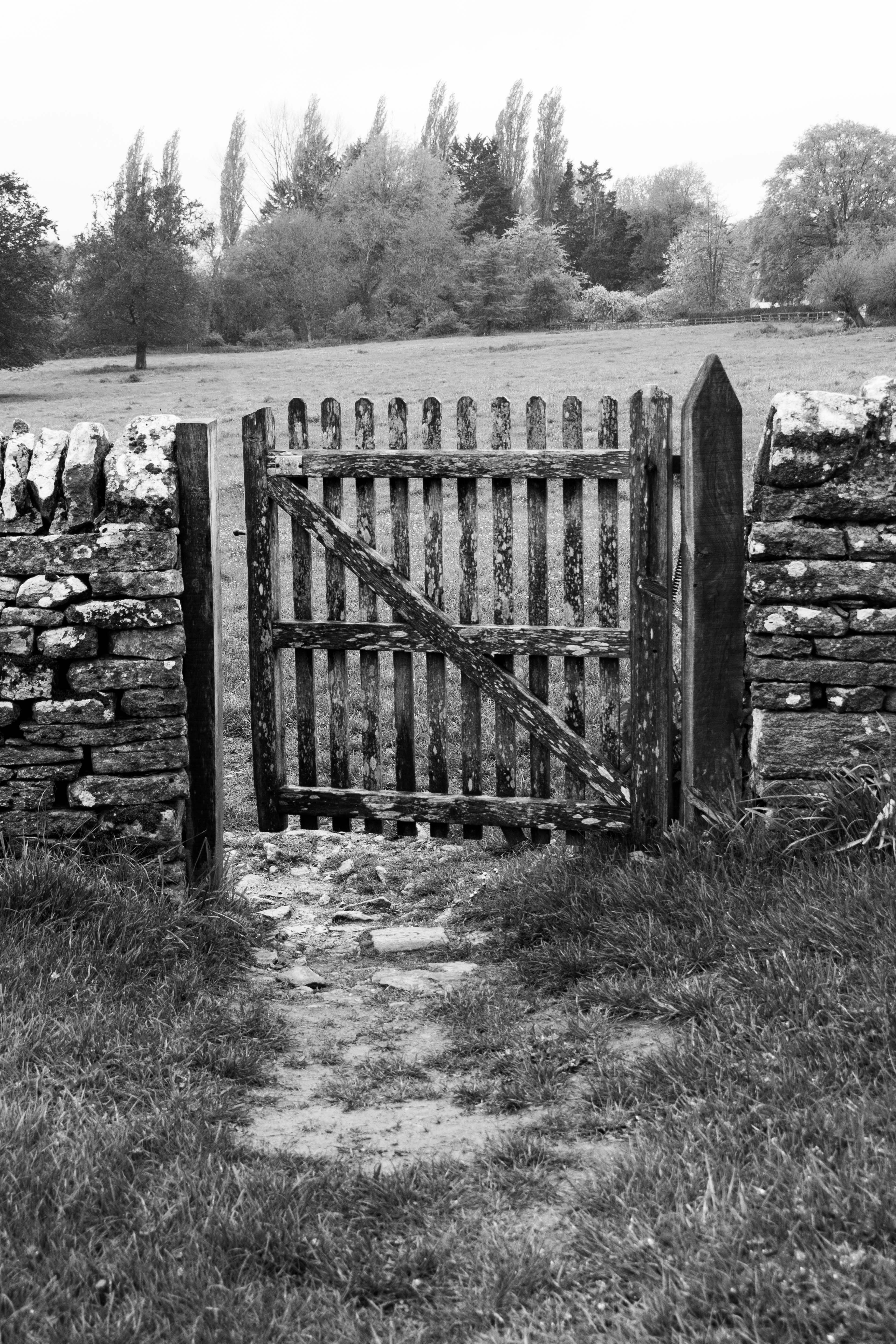 a black and white photo of an old gate