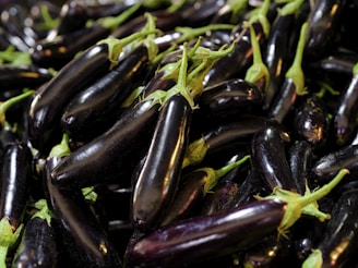a pile of purple eggplant with green stems