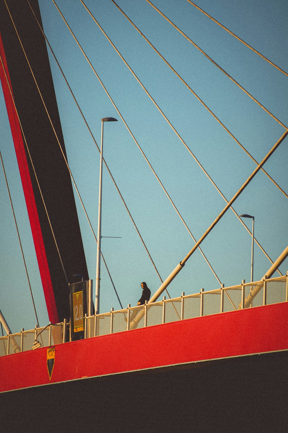 a bird is sitting on a red bridge