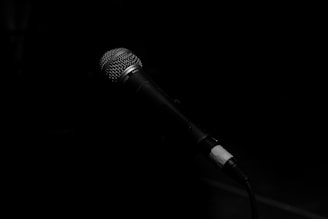 A microphone is prominently displayed against a dark background, angled slightly upwards, suggesting a setting for performance or recording.