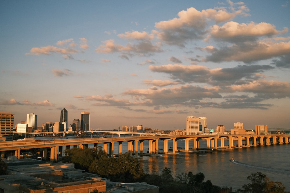 a bridge over a river with a city in the background