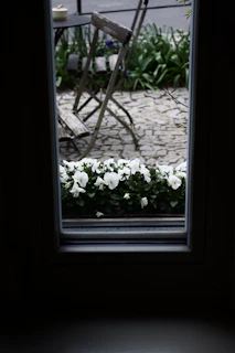 Charming garden view with blooming flowers and a peaceful seating nook.