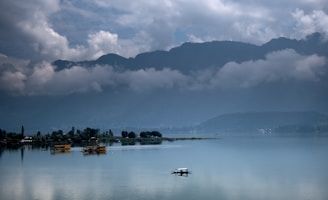 A vibrant photo of the serene Dal Lake in Kashmir with houseboats and mountains.