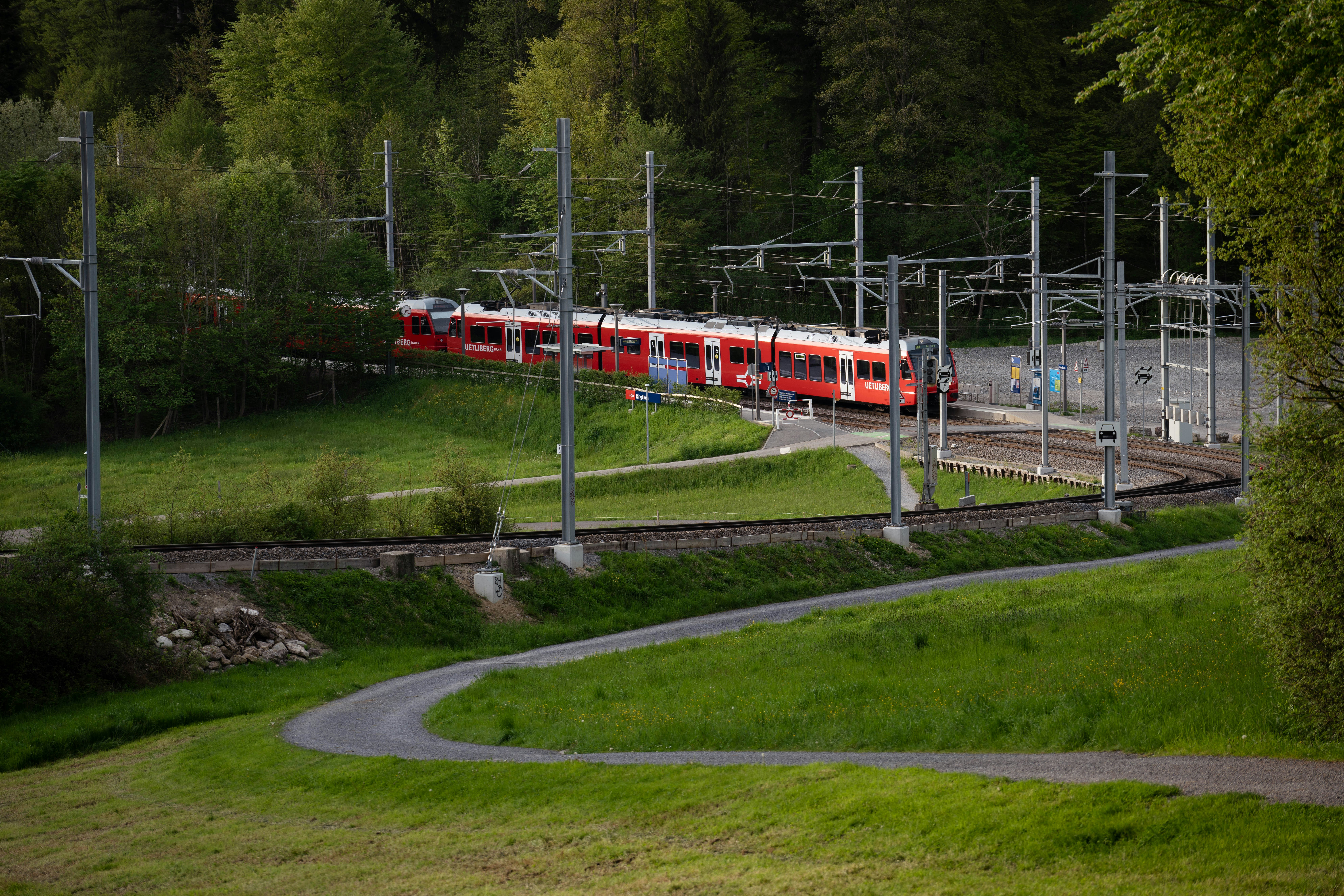 a red train traveling through a lush green forest