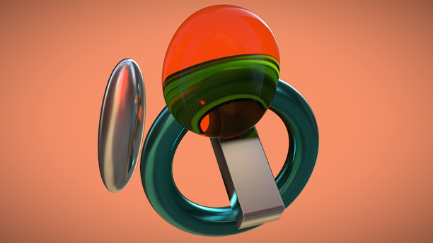 A collection of geometric shapes including a shiny metallic ellipse, a transparent orange and green sphere, a teal ring, and a reflective rectangular prism, arranged against a smooth, peach-colored background.