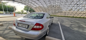 A silver car is parked in a covered parking area with a metal lattice roof. The background features trees and open spaces, and the setting appears calm and quiet.