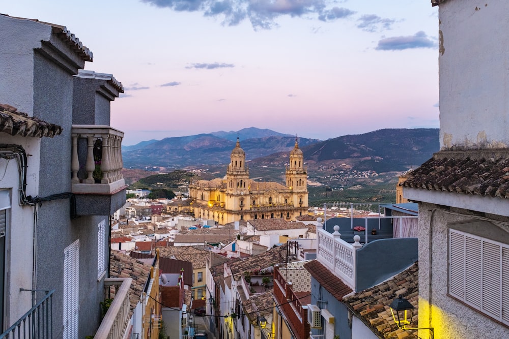 a view of a city with mountains in the background