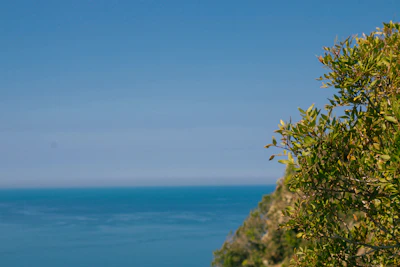 Peaceful blue sky over Ilhabela coastline symbolizing calm and care