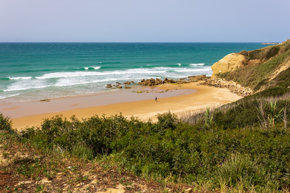 a sandy beach next to the ocean on a sunny day