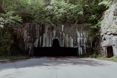 An abandoned mine entrance framed by twisted branches and faint lantern light revealing hidden secrets.