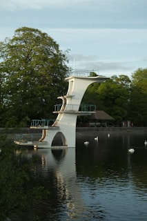 A tall, white diving platform stands over a calm body of water, surrounded by lush green trees. The platform has multiple levels and is reflected in the water below. Several swans are floating on the surface of the water, adding to the serene ambiance.