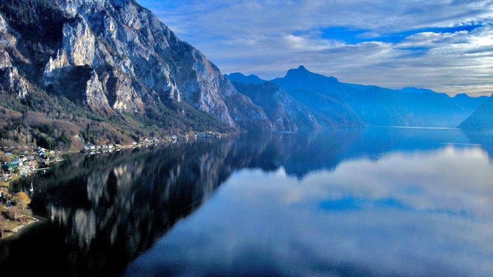 a lake with mountains in the background