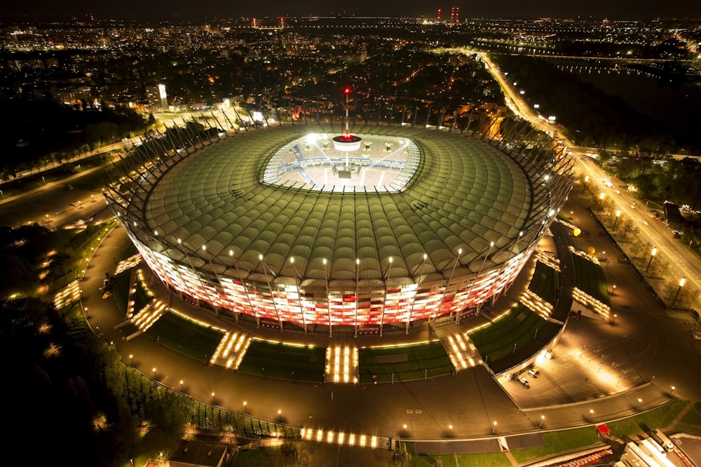 an aerial view of a stadium at night