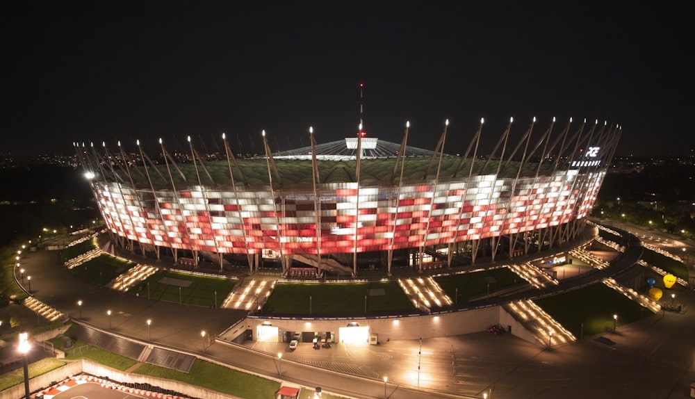 an aerial view of a soccer stadium at night