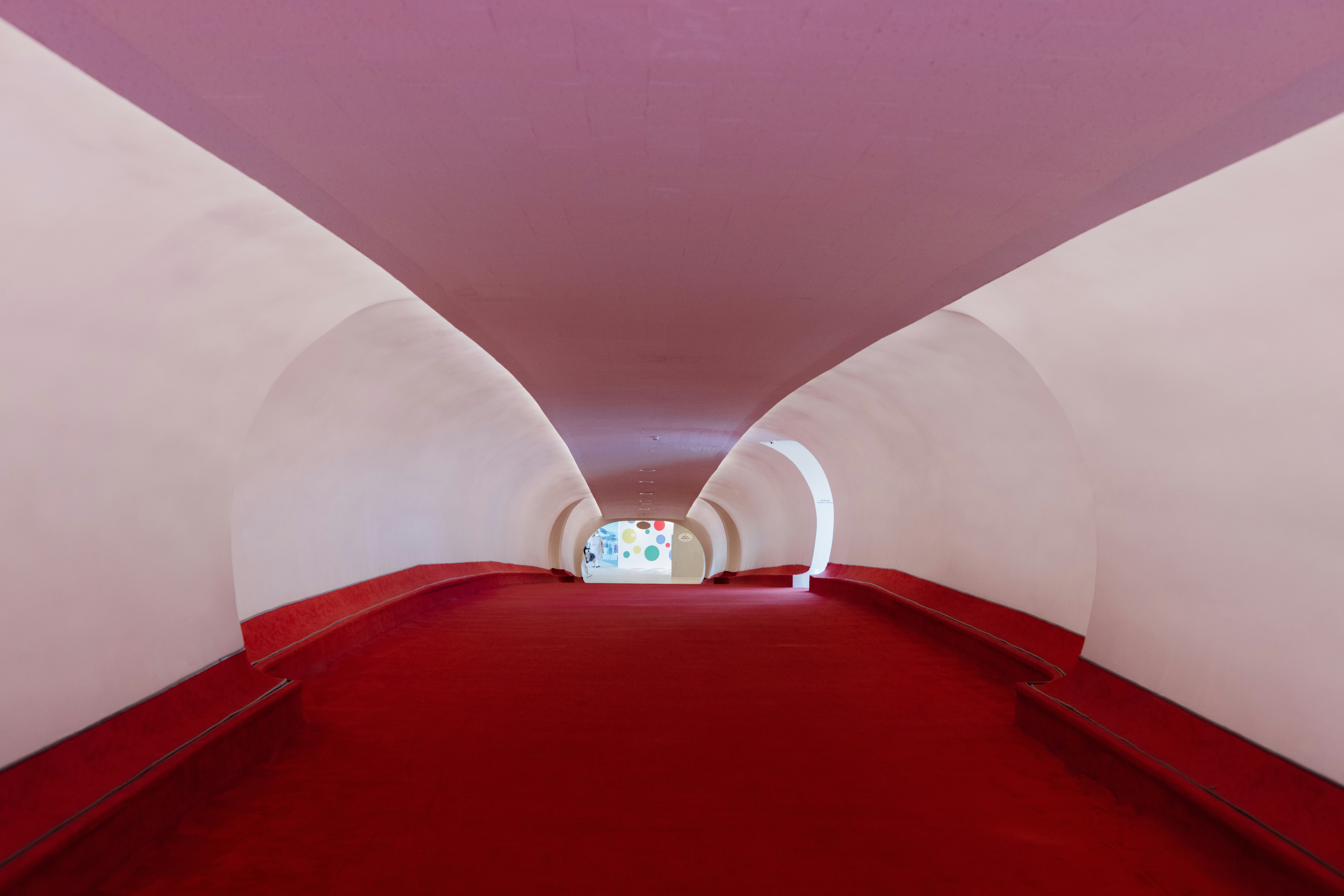 a tunnel with a red carpet and white walls, 