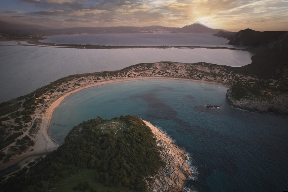 an aerial view of a beach and a body of water