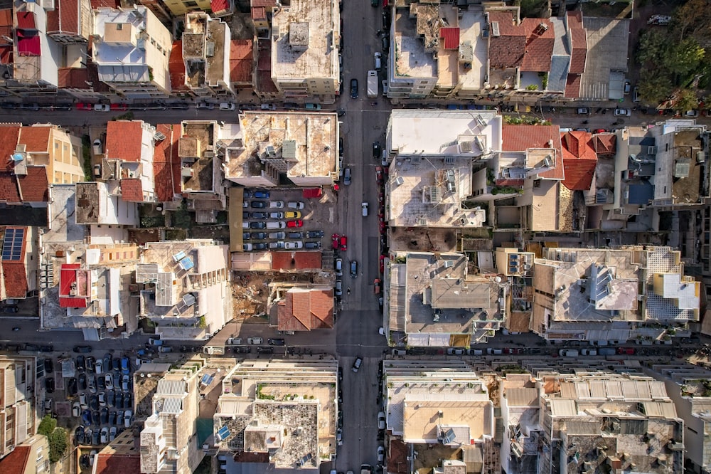 an aerial view of a city with many buildings