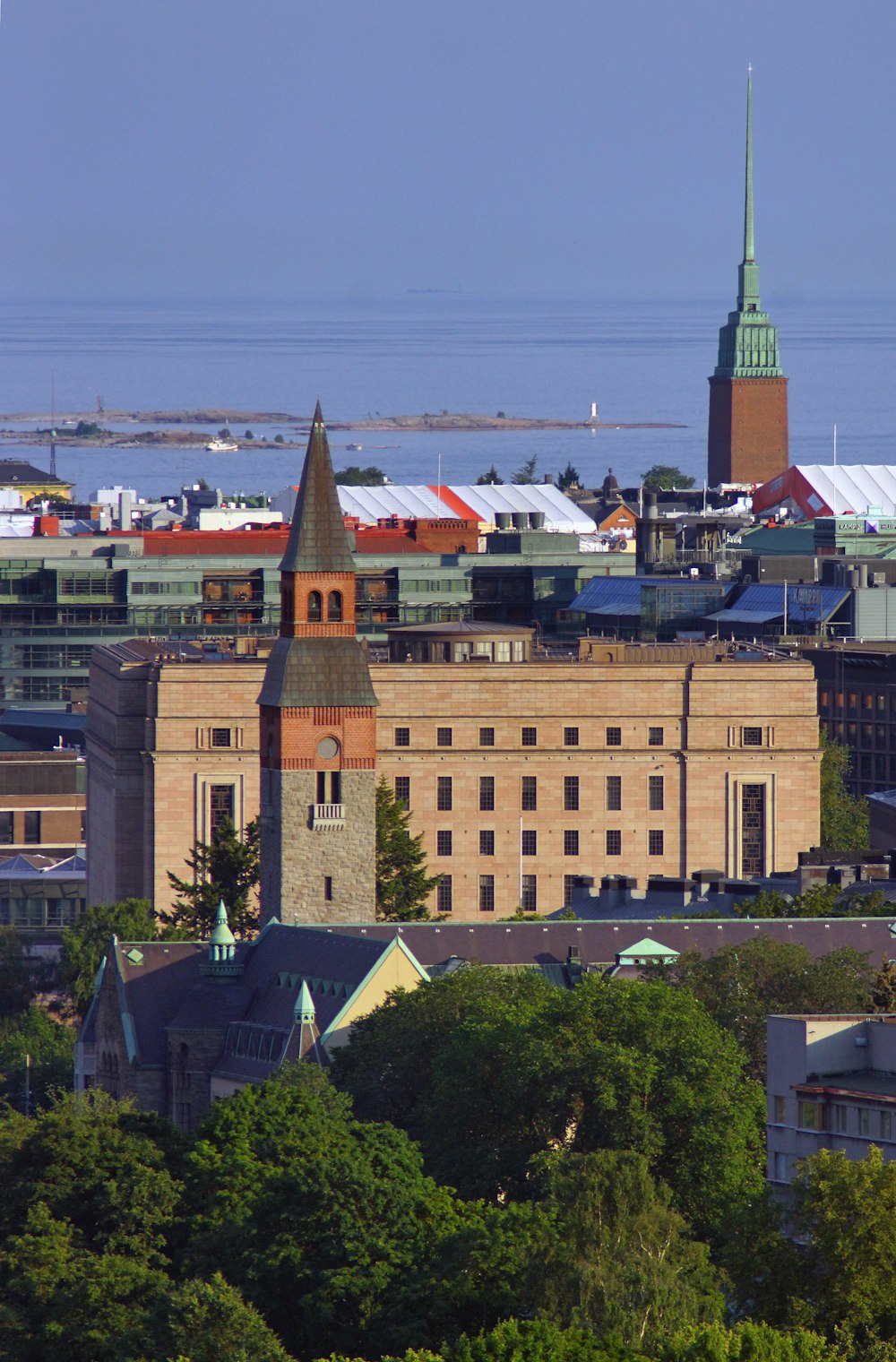 a view of a city with a clock tower