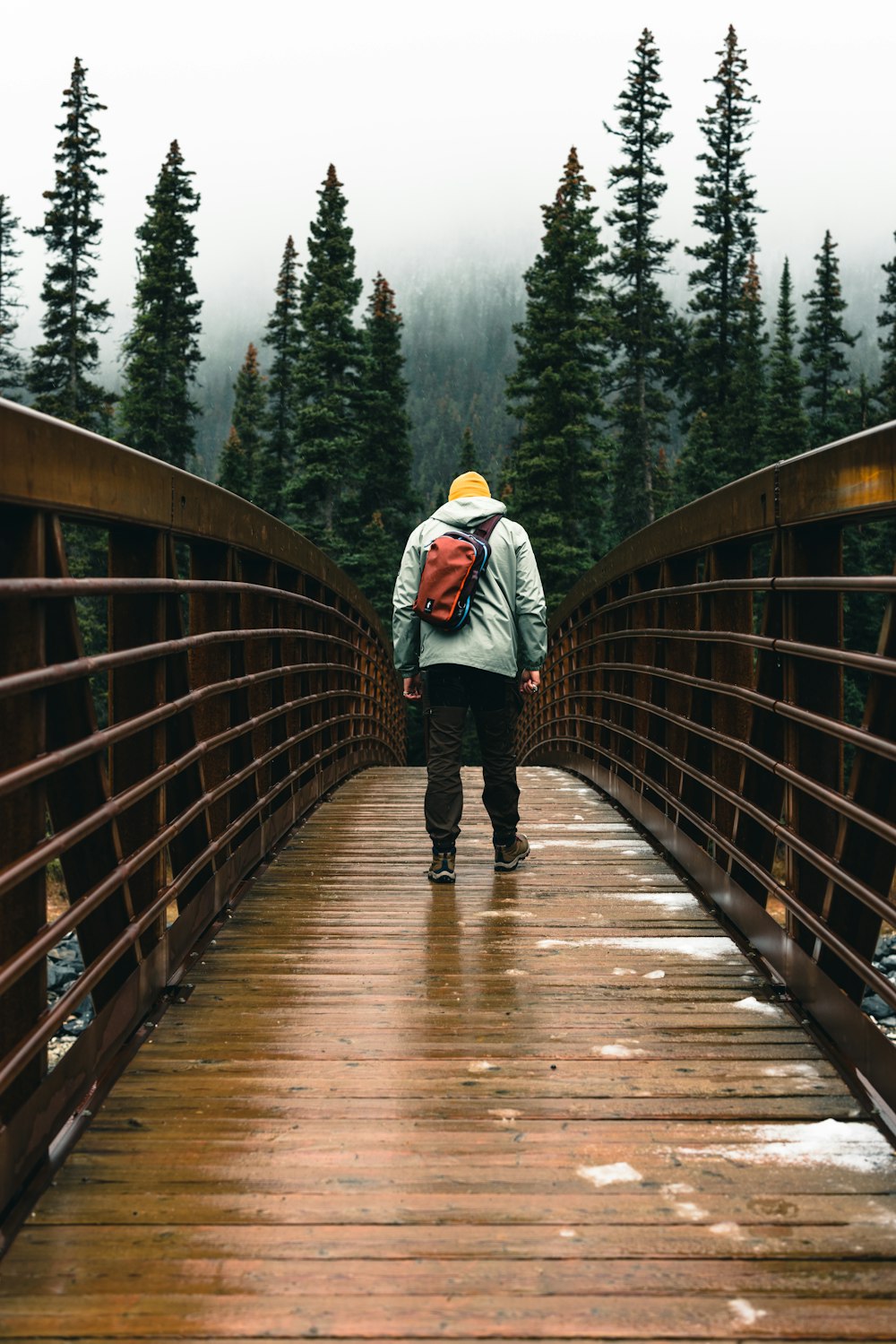 a man walking across a wooden bridge over a forest