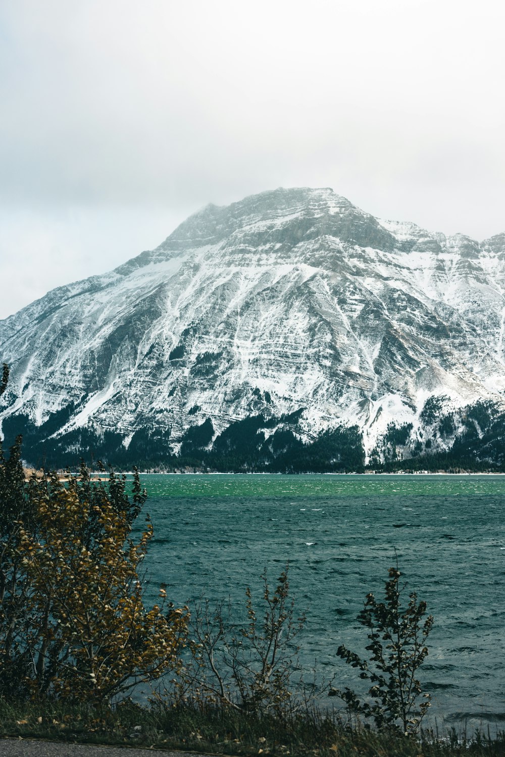 a mountain covered in snow next to a body of water