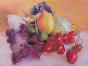 An artistic still life with vibrant fruits and contrasting shadows.