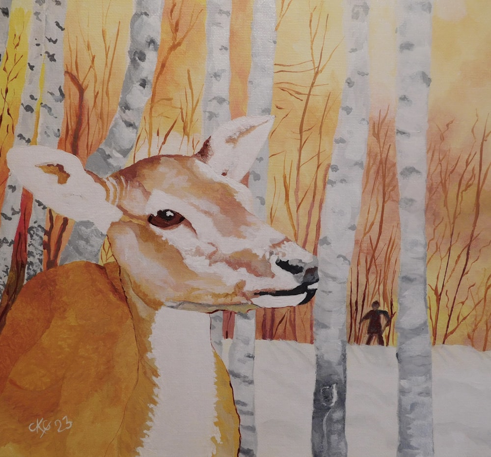 Un dipinto di un cervo nel bosco