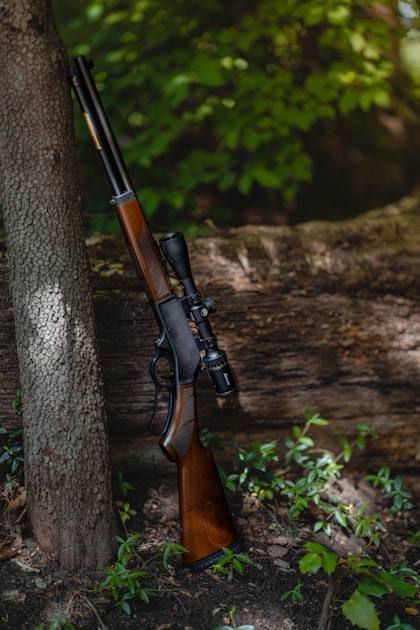 Hunting rifle with scope leaning against a tree — firearm safety is the foundation of hunter education