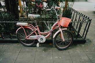 A pink children's bicycle with a basket is parked on a sidewalk next to an iron fence and greenery. The bike is secured with a chain, and there are fallen leaves scattered on the pavement nearby.