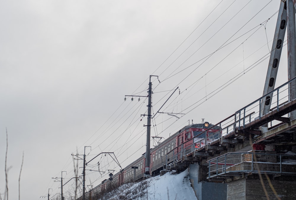 a train traveling over a bridge on a cloudy day