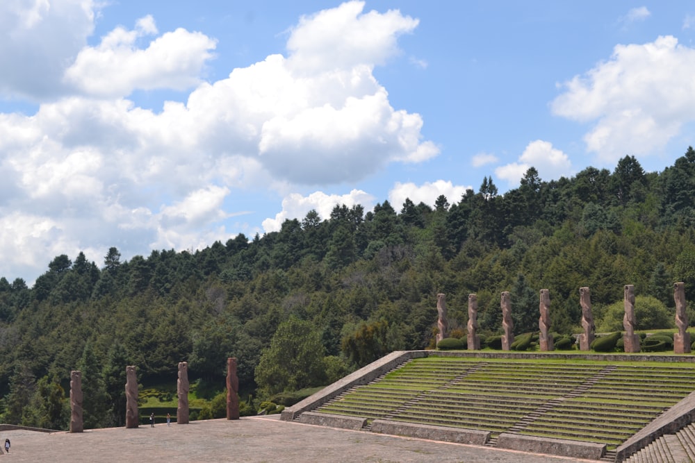 Una vista panorámica de una gran estructura de piedra en medio de un bosque