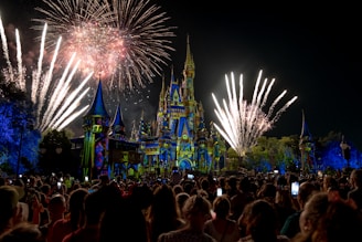 A vibrant fireworks display illuminates the night sky above a large crowd gathered in front of an elaborately lit castle. The castle is decorated with bright patterns and colors, creating a magical and festive atmosphere.