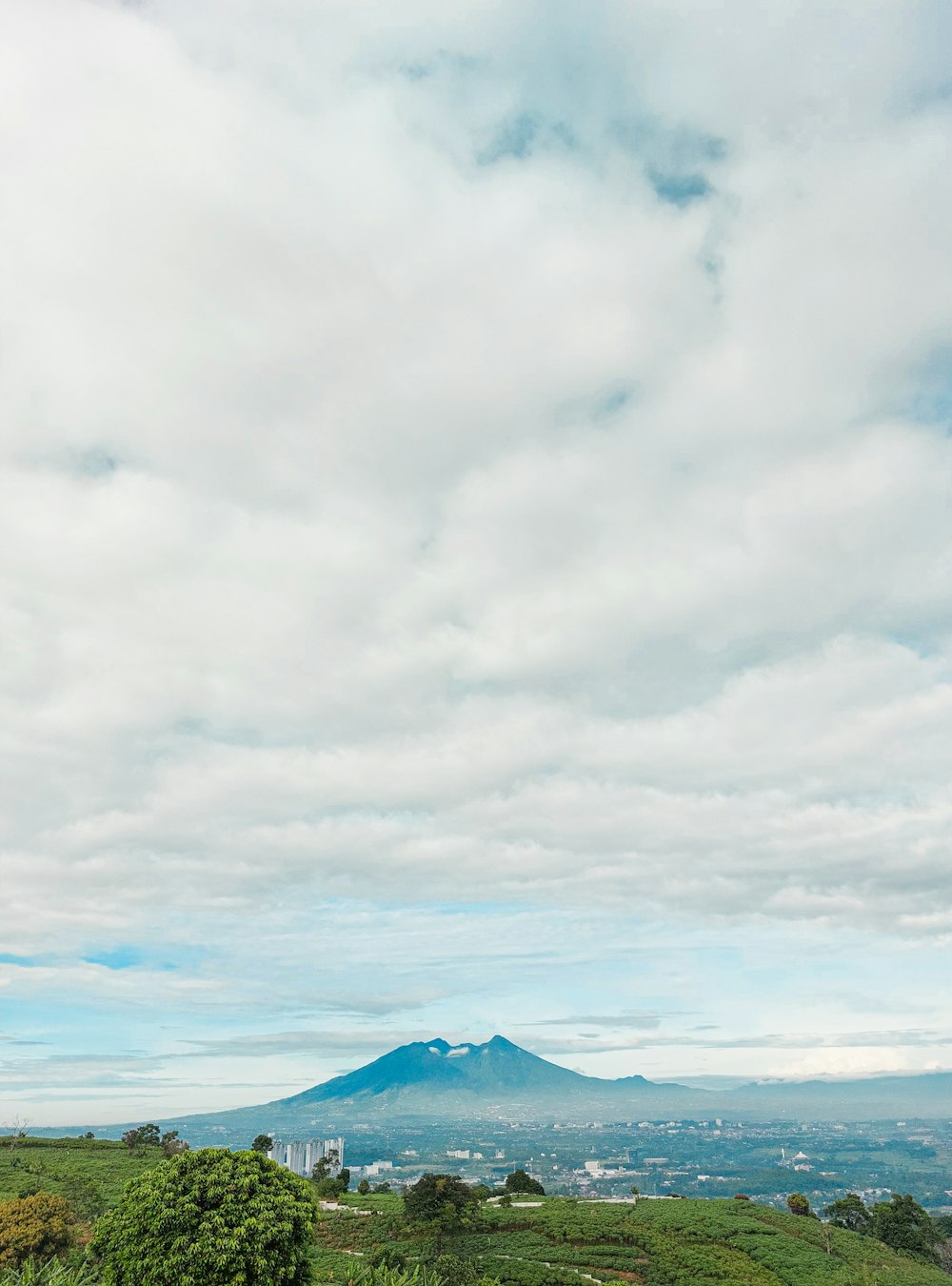 a bench on a hill with a view of a mountain in the distance