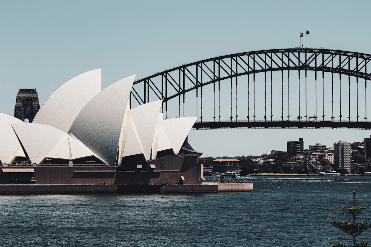 Sydney Opera House and Harbour Bridge with blue sky and sparkling water