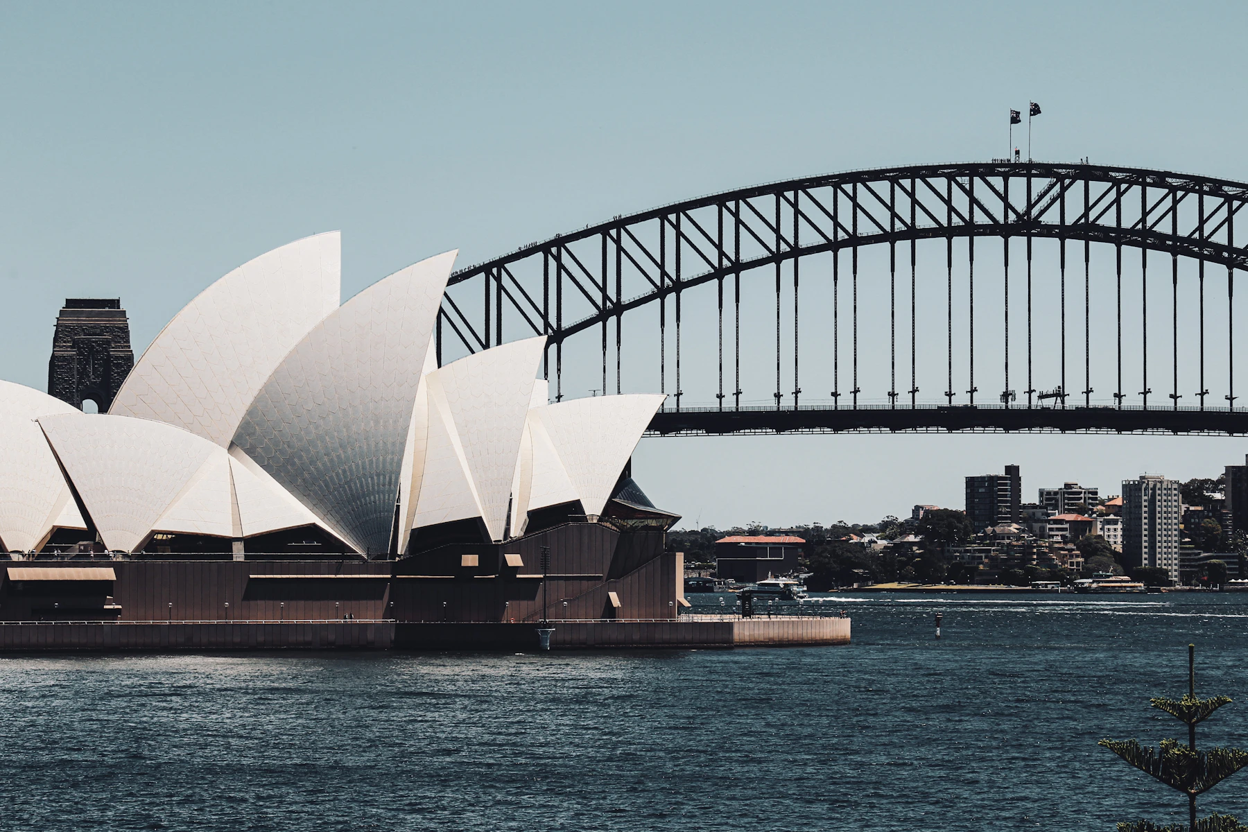 Sydney Opera House and Harbour Bridge seen together across the blue harbour