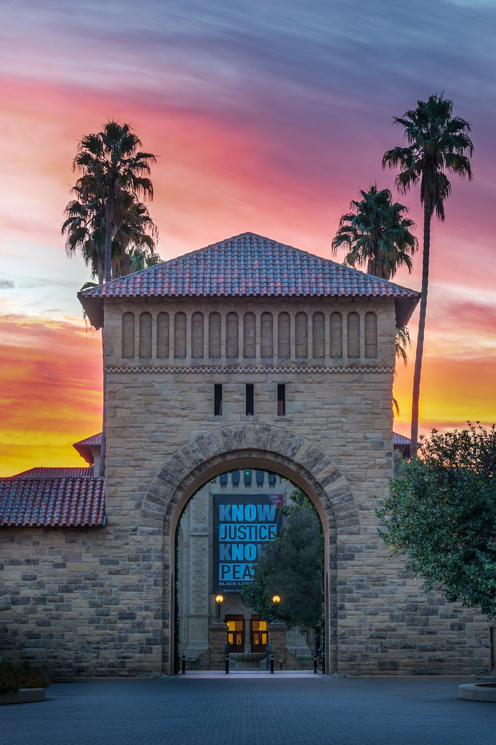 a brick building with a palm tree in front of it