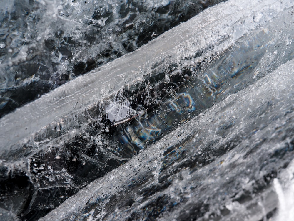 a close up view of ice and water