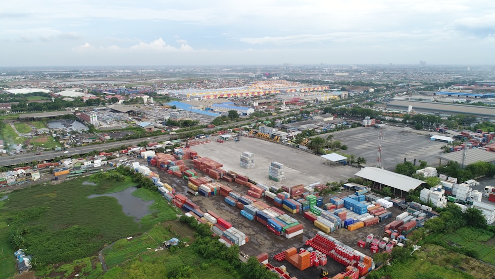an aerial view of a large container yard