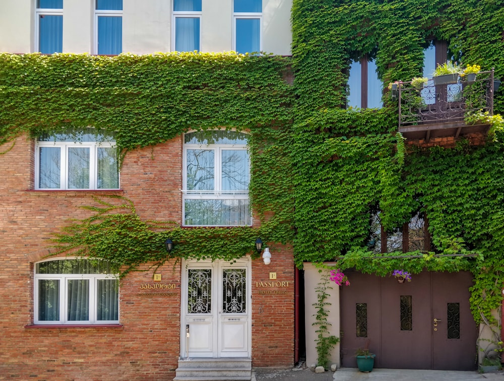 a brick building covered in vines and flowers