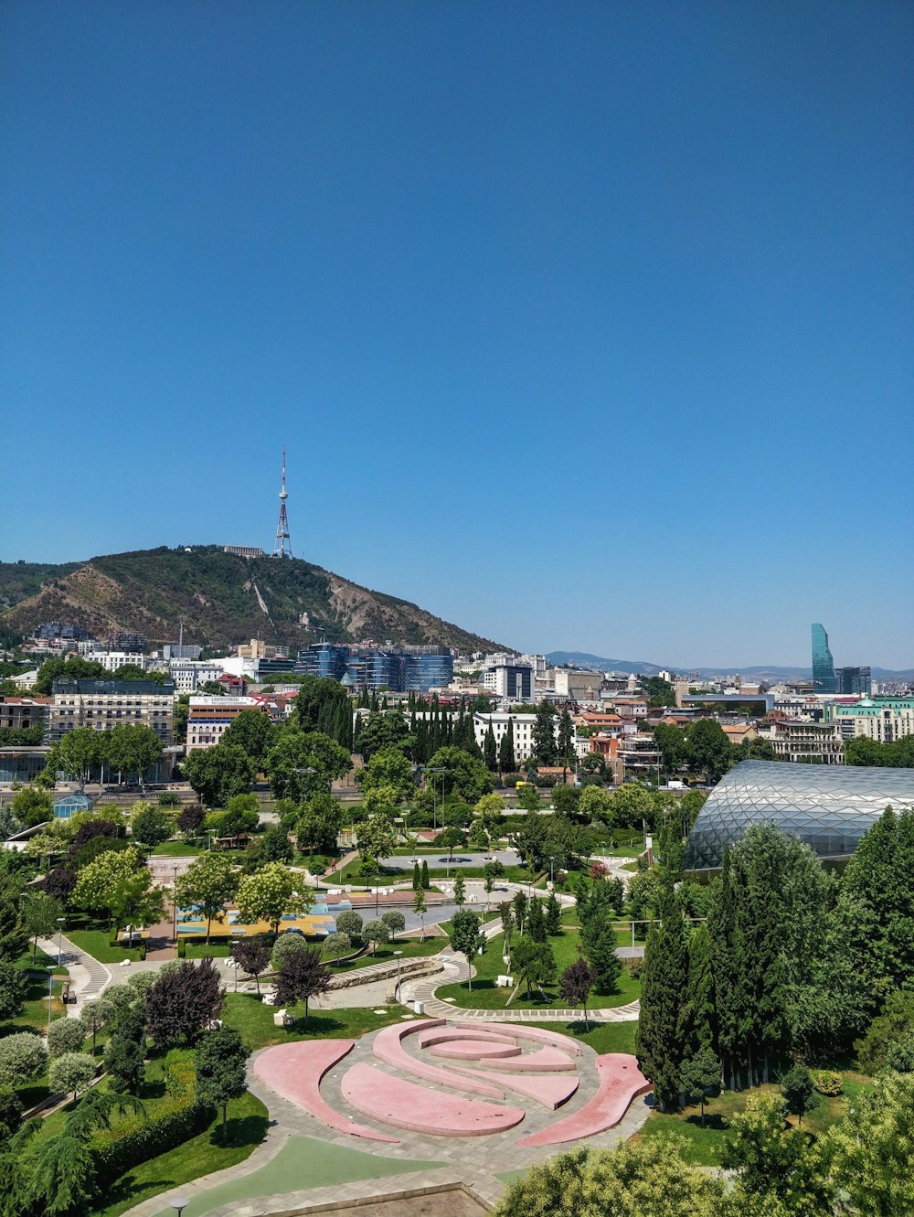 a view of a park with a mountain in the background