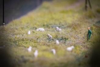 A miniature scene featuring small white sheep scattered across a grassy area with varying shades of green. To the right, a small figure dressed in green appears to be a shepherd. The background and foreground are blurred, drawing focus to the central elements.