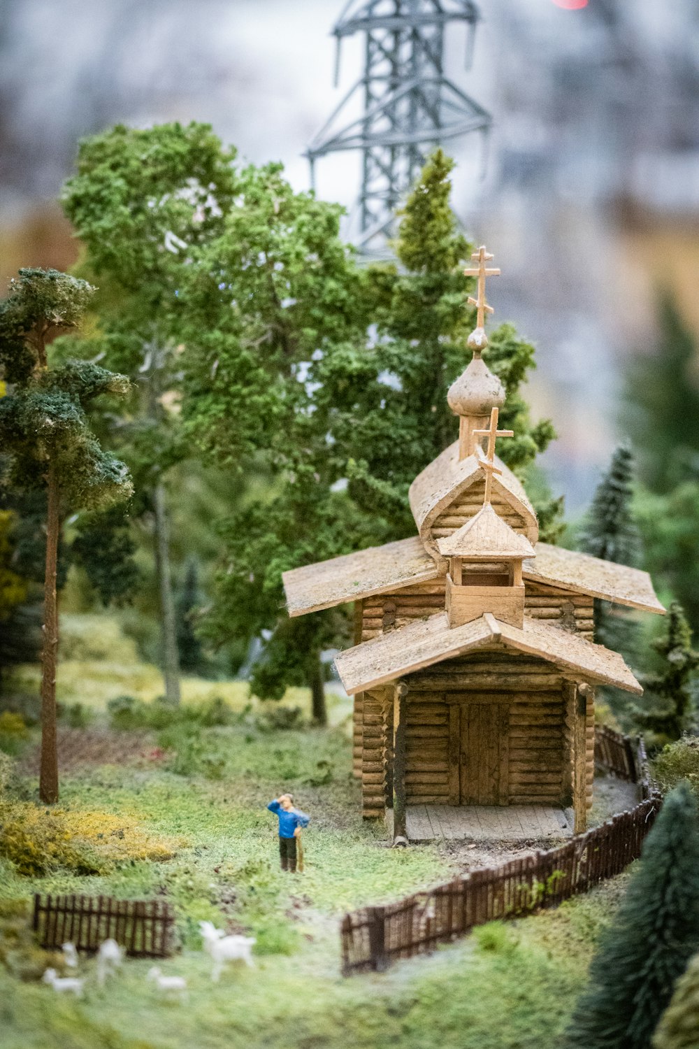 a miniature model of a small wooden church