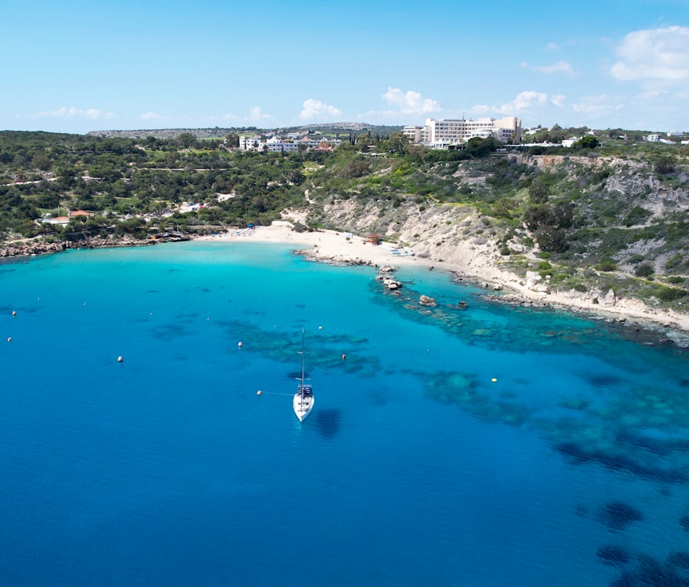 a large body of water surrounded by a lush green hillside