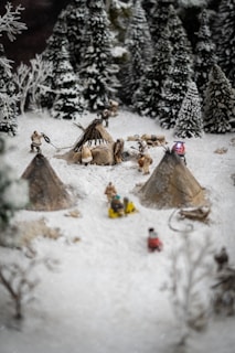 A snowy landscape featuring miniature figures in a winter scene. Several small tents are surrounded by snow-covered trees, and figurines depict people engaged in various activities.