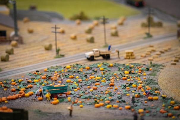 A miniature farm scene with a field full of small pumpkins and people engaged in harvesting activities. A dirt road runs through the area, with a vintage truck parked nearby and hay bales scattered around. Power poles line the road, and the background features low hills and buildings under a greenish sky.