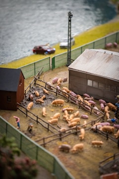 A detailed farm scene features numerous pigs within a fenced area, with a barn and another farm building nearby. The scene includes a small figure tending to the pigs and green fences surrounding the pen. In the background, there's a road with a couple of vehicles next to a river.
