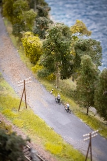 A miniature diorama depicting a rural scene with two figures on bicycles riding along a narrow road. The road is bordered by lush green trees and a small patch of grass. In the foreground, there are model telephone poles and a railroad track partially visible. A body of water can be seen in the background, enhancing the scenic ambience.