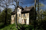 An old, abandoned house is surrounded by dense trees and overgrown vegetation. The building has boarded-up windows and a weathered exterior, suggesting it has been neglected for some time. Sunlight filters through the canopy, casting shadows on the walls.