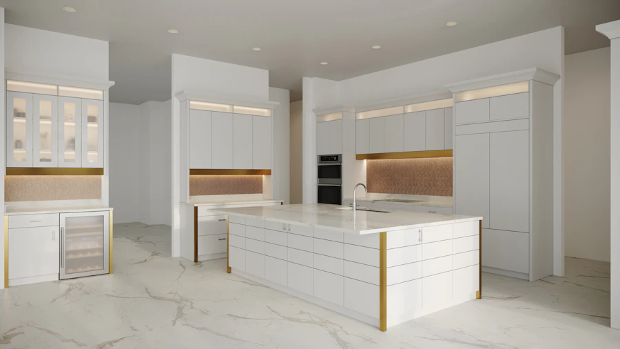 Minimalist kitchen with stone island