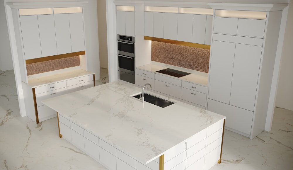 a kitchen with a marble counter top and white cabinets