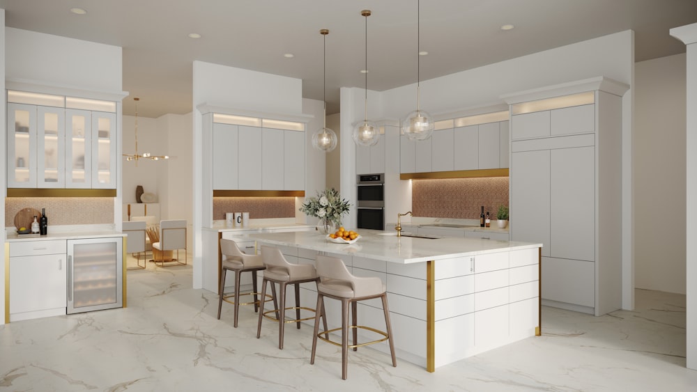 a kitchen with a marble counter top and white cabinets